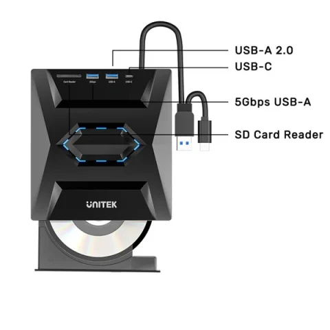 Grabadora CD/DVD Externa Unitek T1037A HUB USB 5 en 1 5Gbps